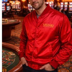 Vintage Caesars Atlantic City Emperors red satin jacket men's L casino bomber
